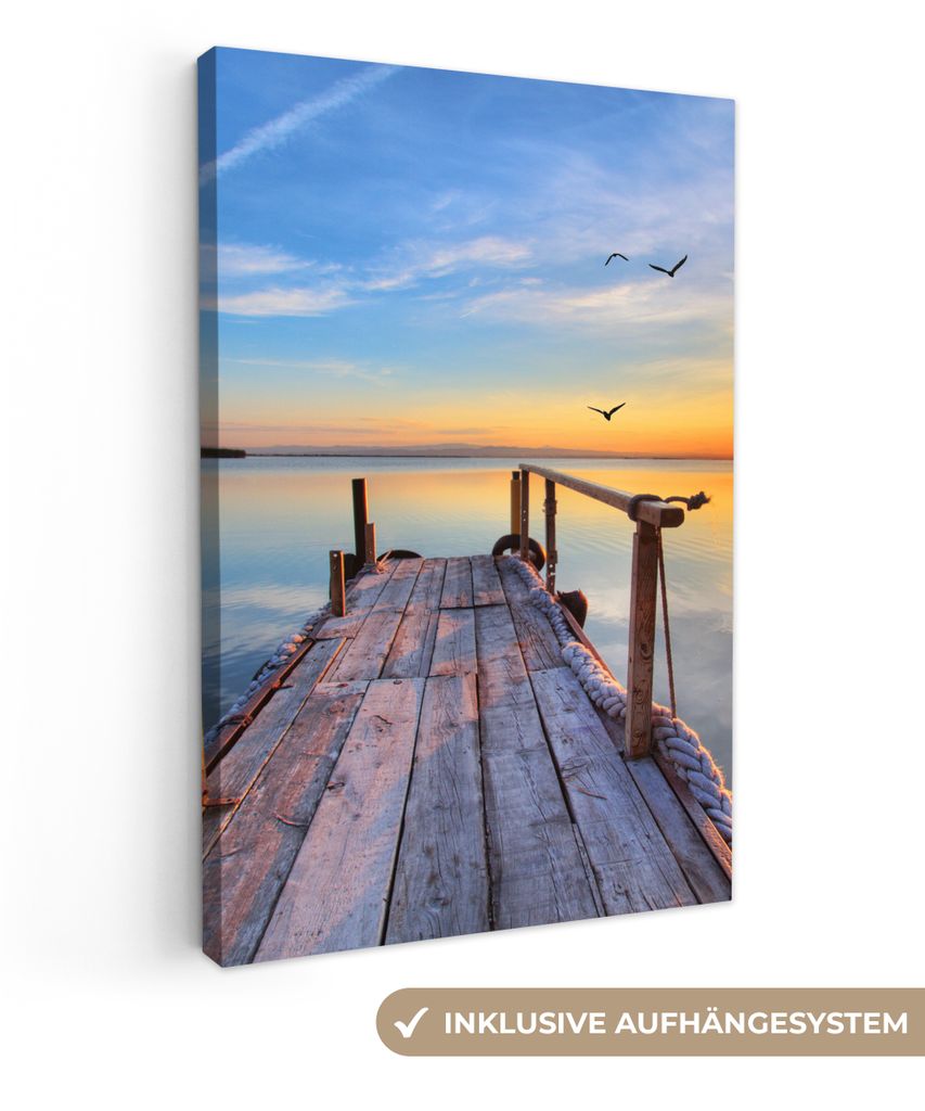 MuchoWow - Leinwandbilder - Wasser - Steg - Vögel - Sonnenuntergang - Horizont, Wandbild, Wanddeko Bilder Wohnzimmer, 20x30 cm