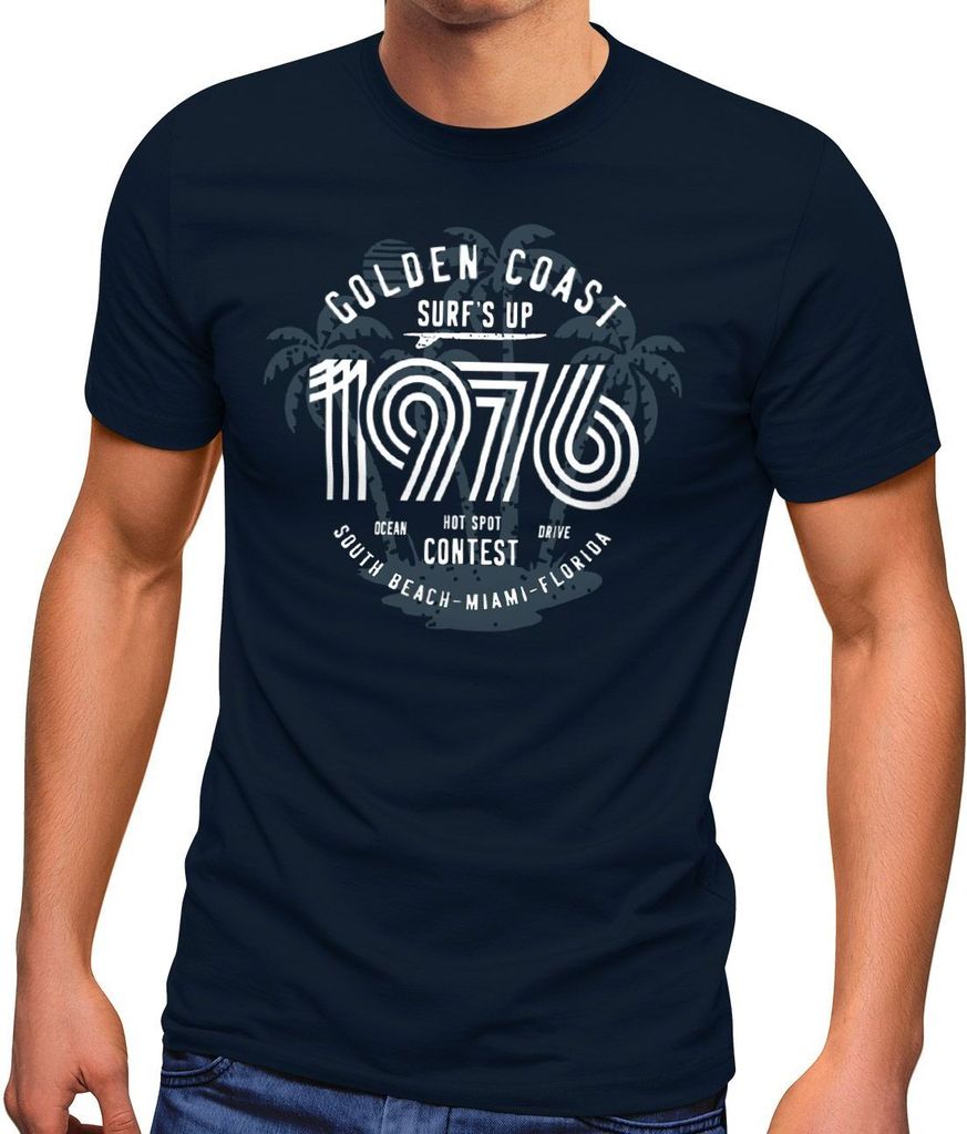 Herren T-Shirt Surf Design Retro Style Schriftzug Golden Coast Miami Florida USA Fashion Streetstyle Neverless navy S