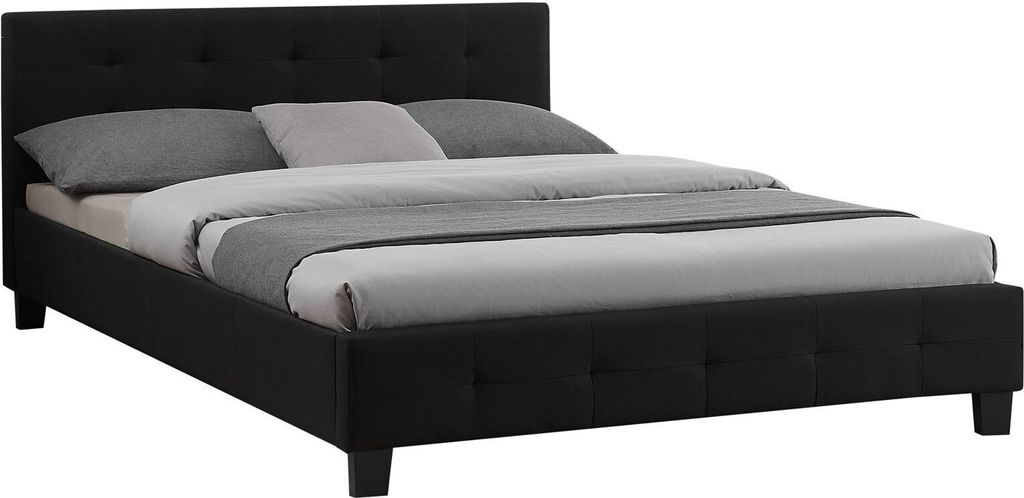 A black upholstered bed frame with pillows and bedding.