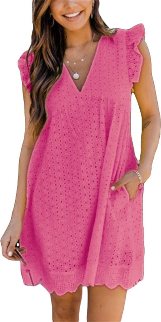 ASKSA Damen Elegant Rüschen Kleider Integriertem Shorts Sommer V-Ausschnitt Minikleid Kleid mit Taschen, Rosa, 3XL