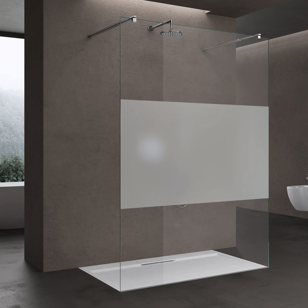 doporro Duschwand Duschtrennwand 100x200 Walk-In Dusche mit Doppel-Stabilisator aus Echtglas 8mm ESG-Sicherheitsglas Milchglas-Streifen