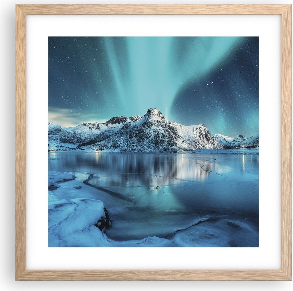 Gerahmtes Poster - Rahmen in heller Eiche - Morgendämmerung Polar Berge - 40x40 cm - Wand Bild - Wanddeko - Wandbilder - Wandposter - Bilderrahmen...