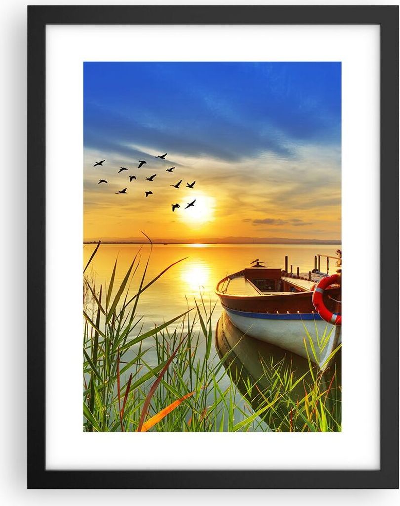 Gerahmtes Poster - Schwarzer Rahmen - Boot See Sonnenuntergang Sommer Menschen - 30x40 cm - Wand Bild - Wanddeko - Wandbilder - Wandposter - Bilder...