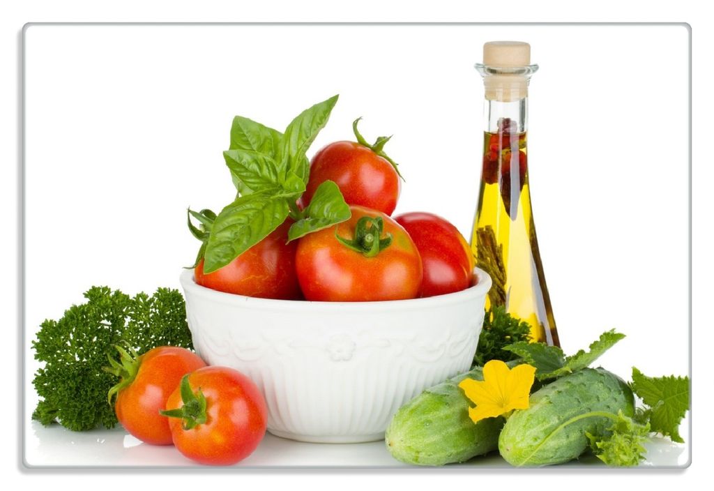 Wallario Frühstücksbrettchen aus Glas 20 x 30 cm mit rutschfesten Füßen, Motiv Frische Salatzutaten mit Kräuter-Öl - Tomaten, Gurke, Petersilie