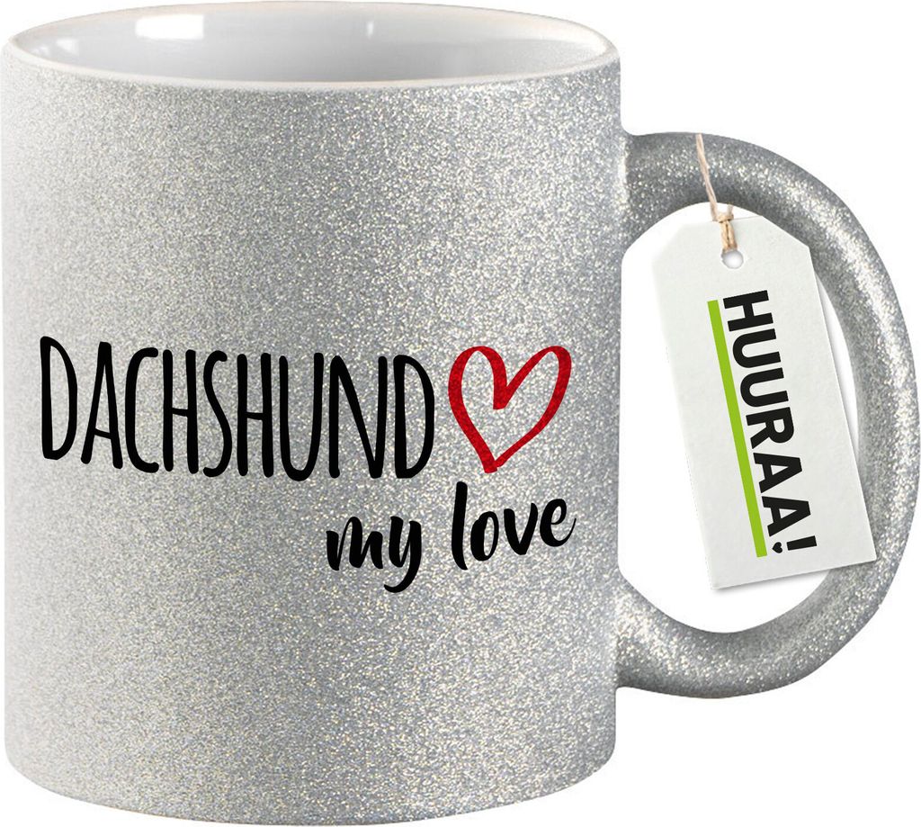 Huuraa Glitzertasse Dachshund my love 330ml Silber Keramik Kaffeebecher Geschenkidee