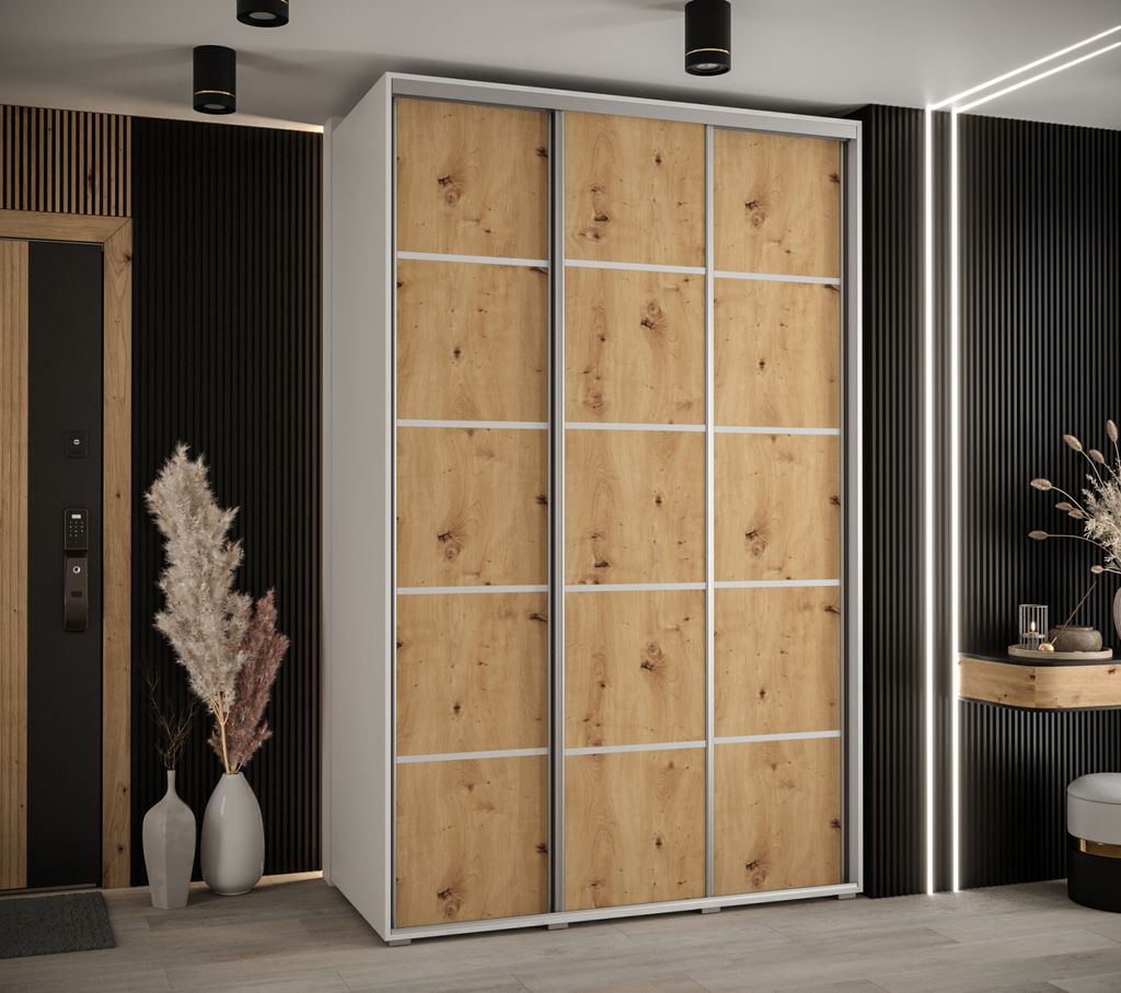 Kleiderschrank ASIRI 4 - 150/60 cm, Weiß / Artisan-Eiche / Silber