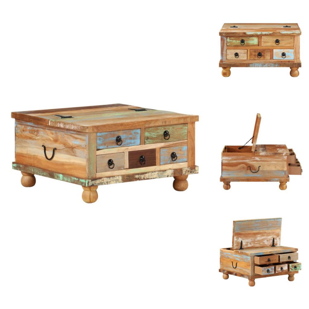 A collage of images showing a wooden coffee table with drawers from different angles.