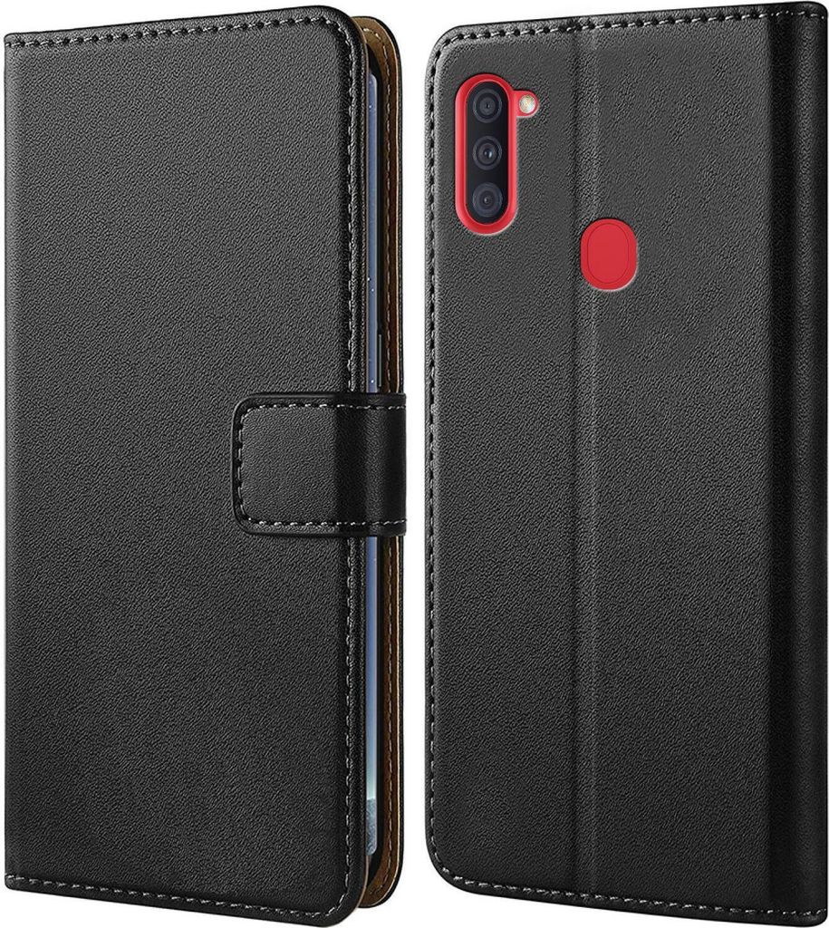 A black flip-style phone case for a Samsung Galaxy A11 is shown from two angles.