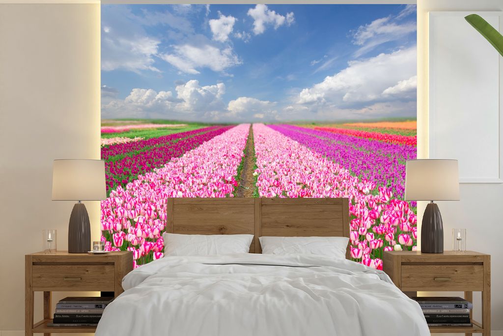 MuchoWow Fototapete für Wohnzimmer oder Schlafzimmer Wandtapete Vinyl Motivtapete Tulpen - Sonne - Frühling - 260x260 cm - Papiertapeten
