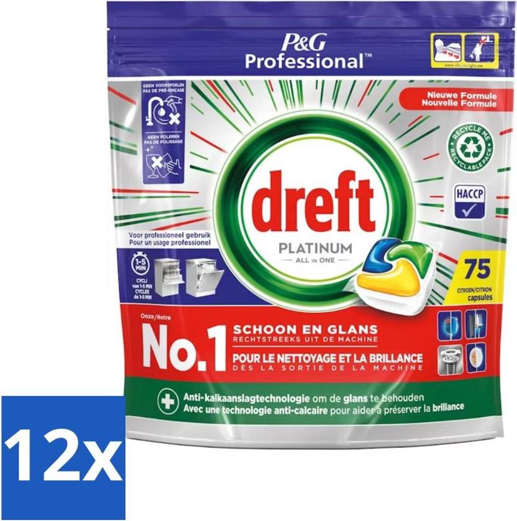 Dreft Professional Platinum All-In-One Spülmaschinenkapseln – Zitrone – Anti-Kalk – 75 Kapseln - Vorteilspack - 12 Stücke