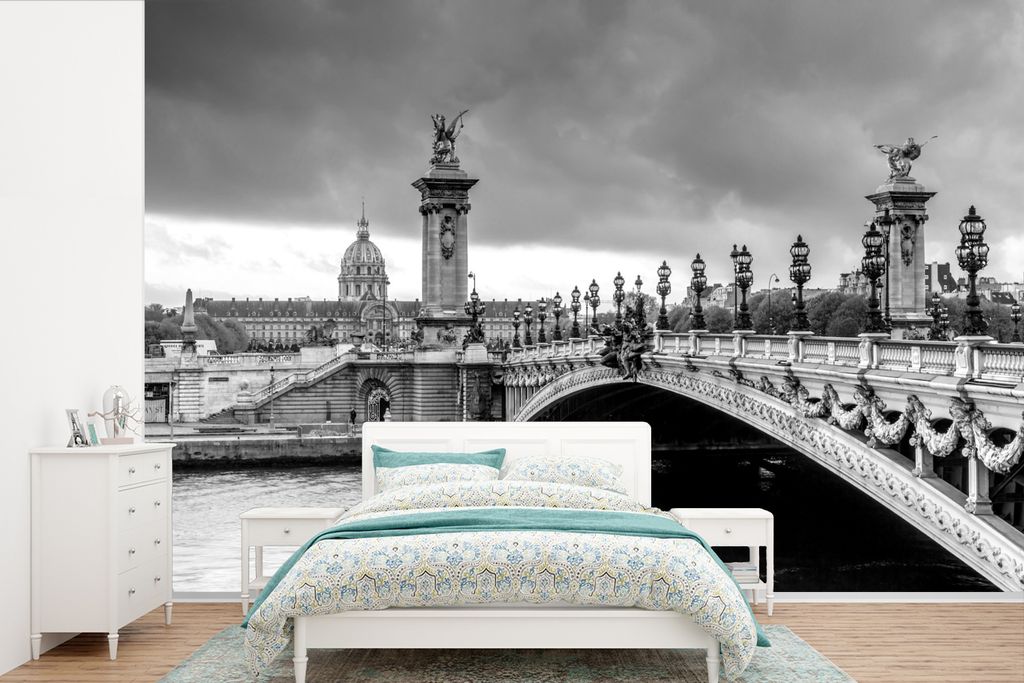 MuchoWow Fototapete für Wohnzimmer oder Schlafzimmer Wandtapete Vinyl Motivtapete Pont Alexandre-III-Brücke in Paris - schwarz-weiß - 525x350 ...