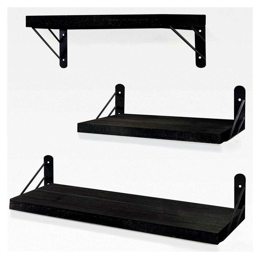 Wandregal Holz Schwarz, 3 Stück, Schweberegal für Küche, Wohnzimmer, Schlafzimmer oder Büro