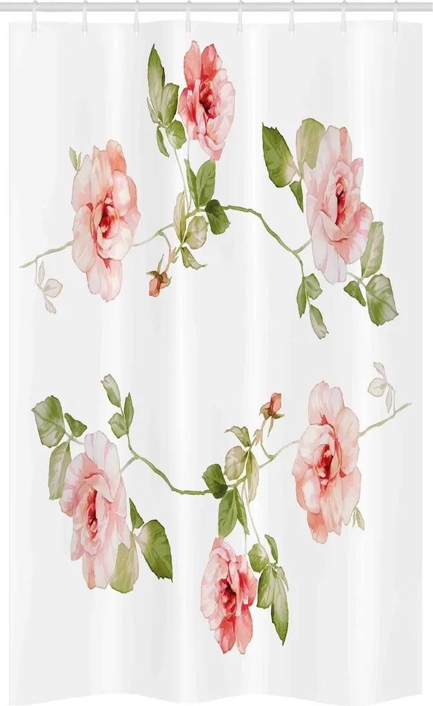 ABAKUHAUS Tenda da doccia romantica stretta, petali di rosa, set decorativo per bagno in tessuto con ganci, 120 x 180 cm, verde reseda, pesca, rosso corallo