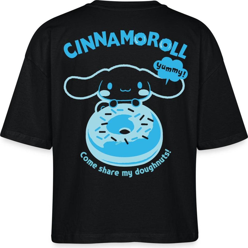 Spreadshirt Cinnamoroll Mit Donut Yummy Doughnuts Boxy Shirt Damen, L, Schwarz