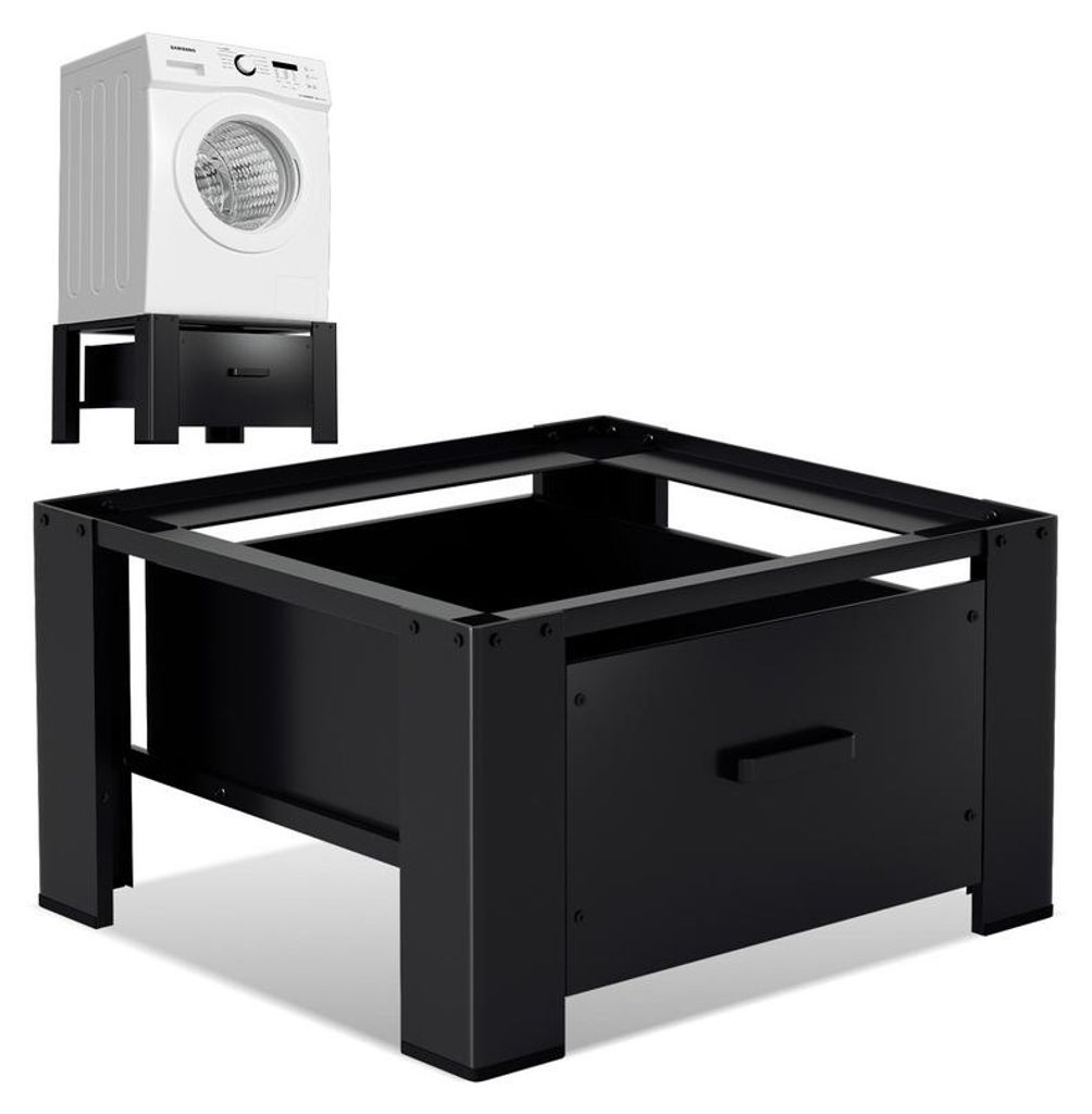 TolleTour Waschmaschinen-Untergestell mit Schublade 62.5x54.5x32.5cm Schwarz Stahl Waschmaschinen-Sockel Trockner Sockel Podest