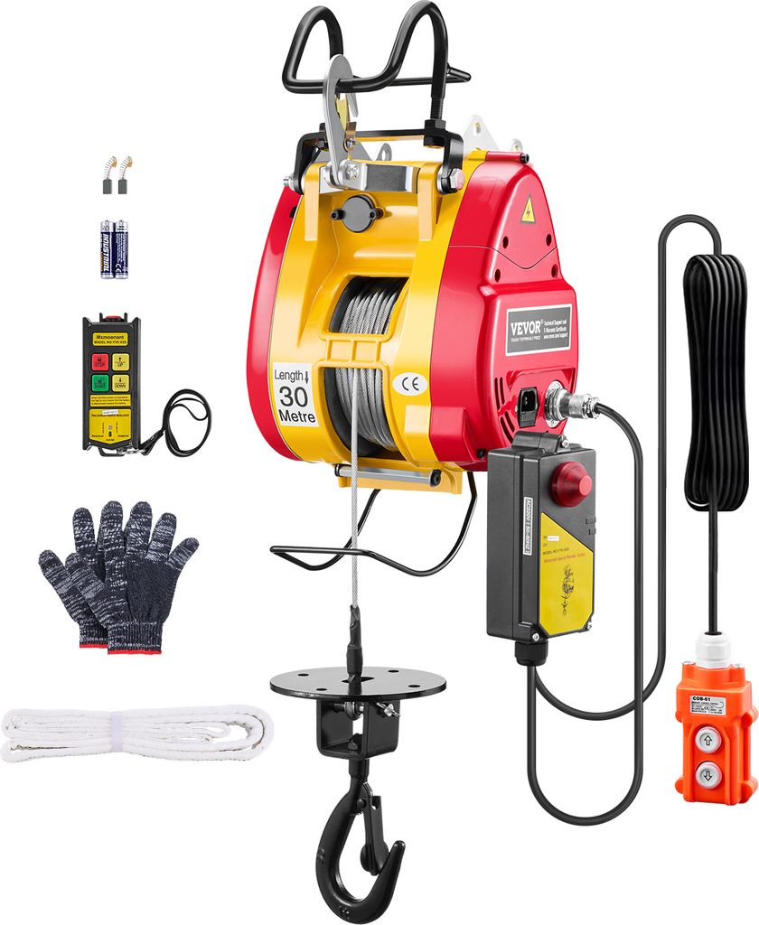 A product shot of an electric hoist and its accessories on a white background.