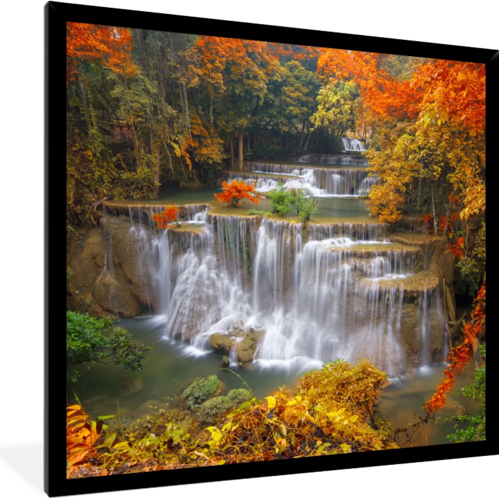 MuchoWow Gerahmtes Poster Bäume - Wasserfall - Herbst 40x40 cm - Poster mit Schwarzem Bilderrahmen Wandposter Rahmen Foto Bilder - Mit Rahmen - ...