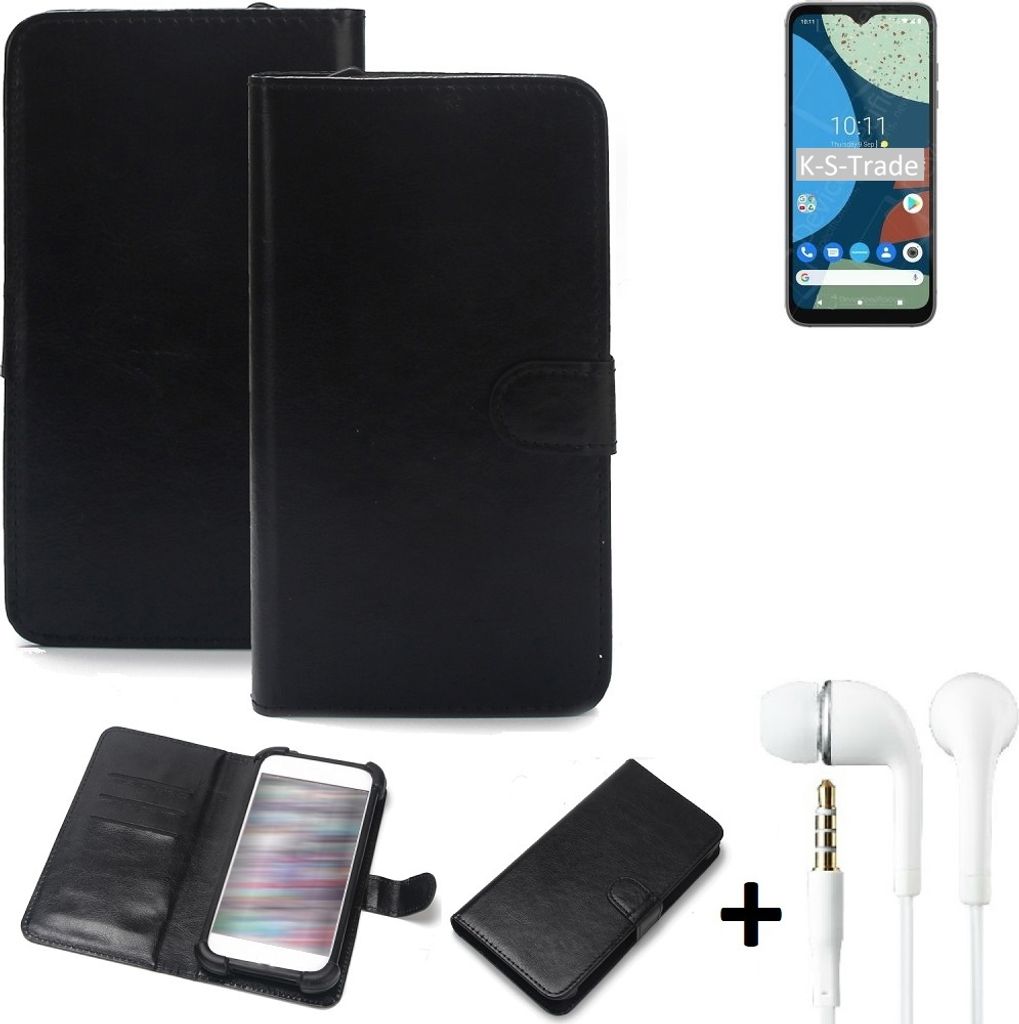 K-S-Trade Wallet Case Handyhülle kompatibel mit Fairphone 4 Schutzhülle Flip cover Flipstyle Tasche Hülle Flipcover Slim Bumper schwarz + in ear
