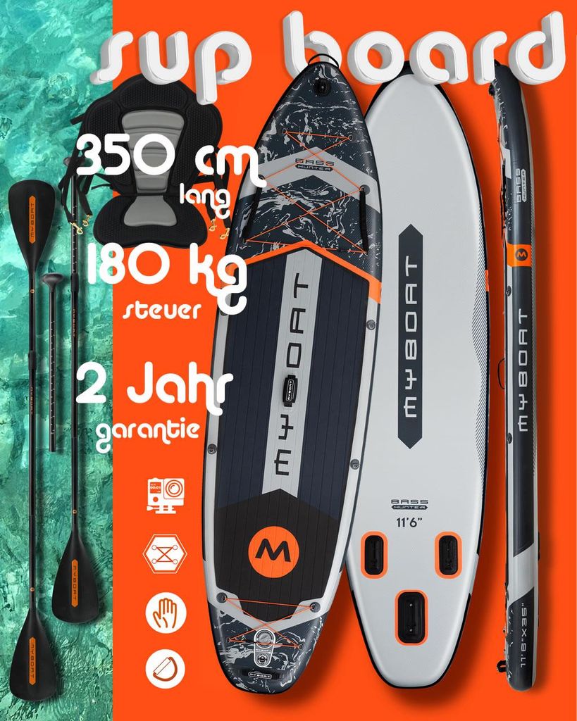 Komplettset Kajak Touring SUP Board Set mit 7 cm hohem stabilem Sitz, zweite 4-teiligem Paddel, MyBoat Bass Hunter 2 Personen Paddling Kayak Kanu Boot