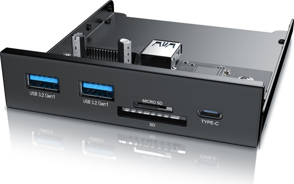 CSL USB 3.2 Gen.1 Front Panel aus Metall, interner Cardreader, Speicherkartenleser, bis zu 5 Gbit/s, 5 Schnittstellen, schwarz