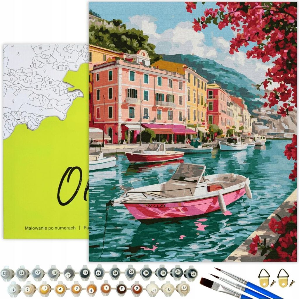 Malen nach Zahlen Erwachsene Landschaft Italien Hafen 50x40 - 28 Acrylfarben, Leinwand mit Holzrahmen, 3 Pinseln und Zubehör Oh Art!