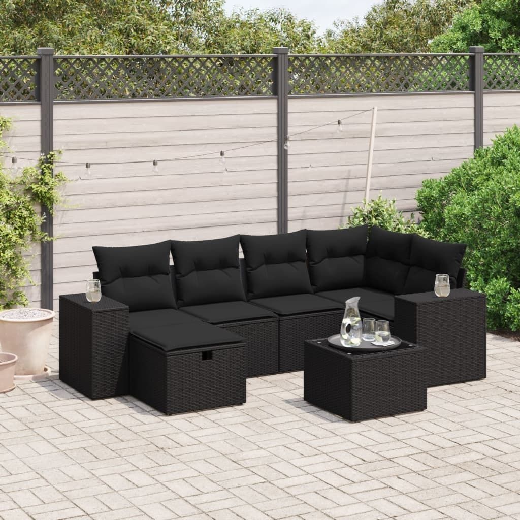 7-tlg. Garten-Sofagarnitur - mit Kissen Schwarz Poly Rattan - Gartenmöbelset 3264421