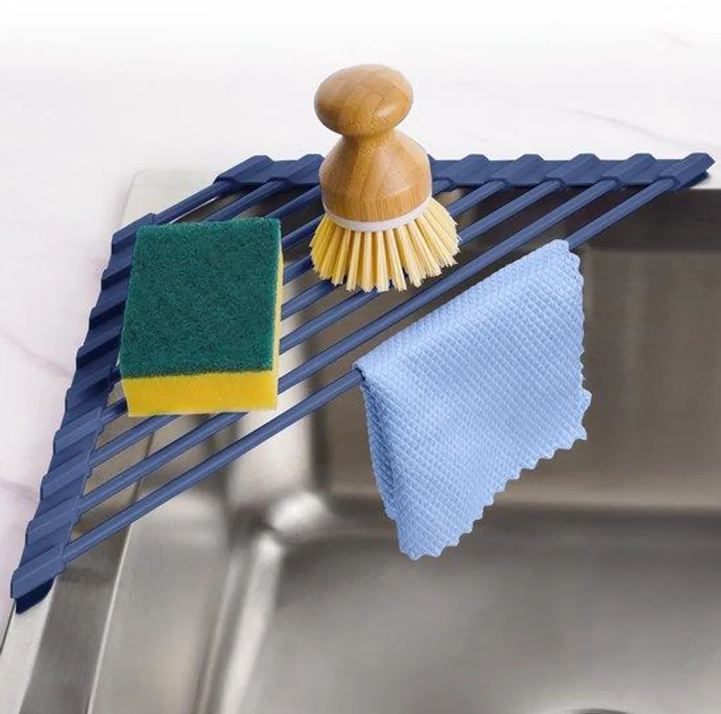 Petit égouttoir inox anti-rayures bleu foncé, finition silicone douce