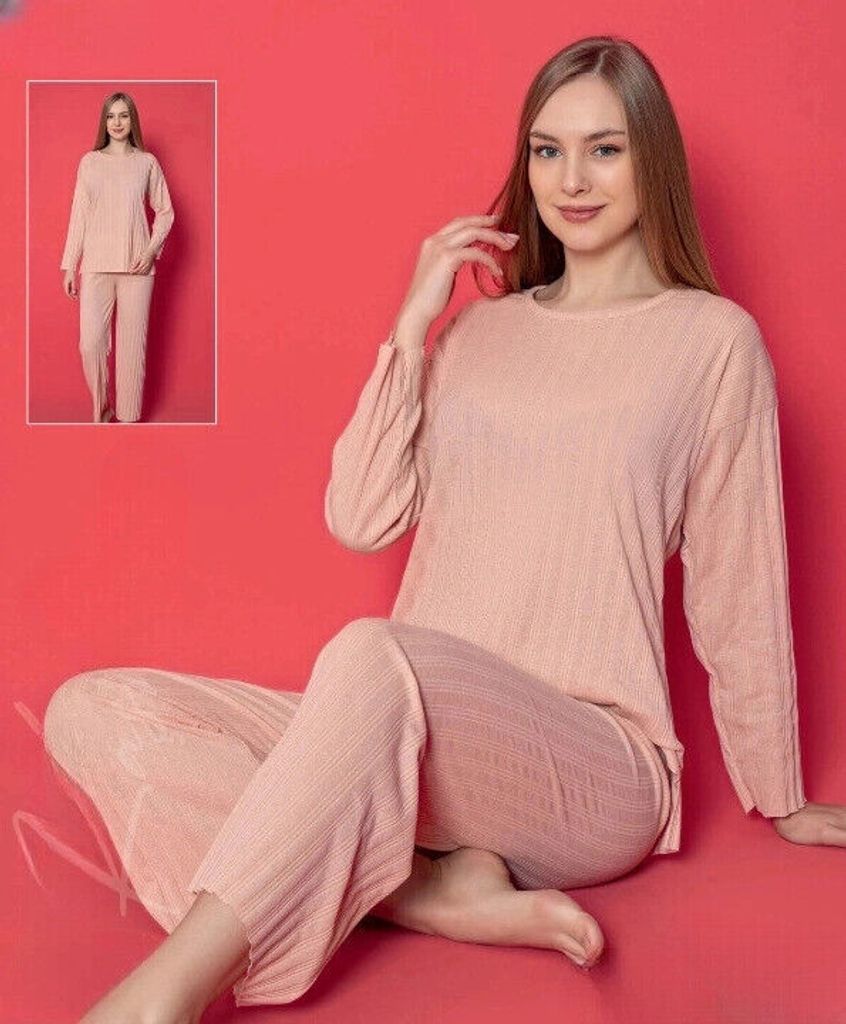 Damen Pyjama Schlafanzug Lachsfarbe M Lang 2-Teiler Set Produktbild 