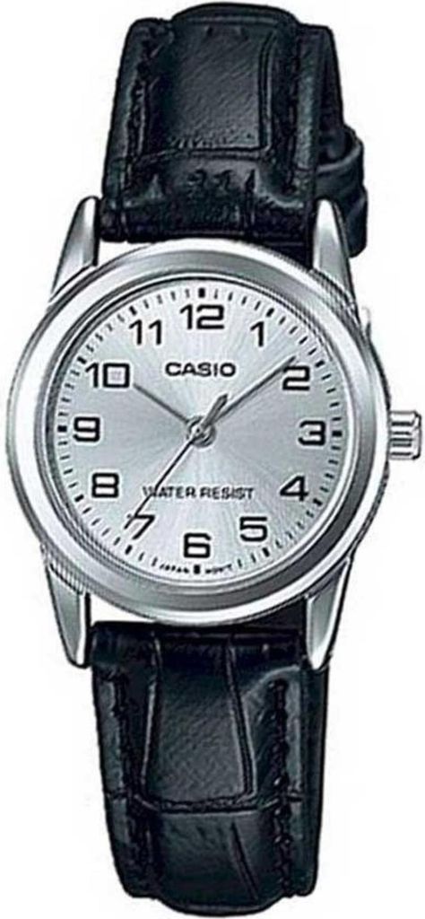 A close-up studio shot of a Casio watch with a silver dial and black leather strap.