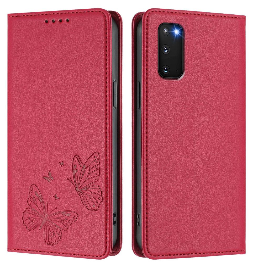 Lederhülle für Samsung Galaxy S20 FE 5G, Schmetterling Prägung Leder Brieftasche Schutzhülle mit Ständer Rot