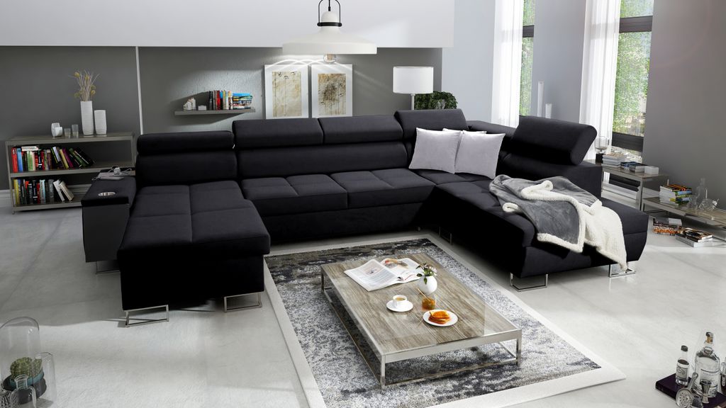 Großes Sofa Wohnzimmer Couch MOREN VI Big Sofa Ecksofa Ottomane Links Eckcouch mit Schlaffunktion Schwarz Stoff SAWANA 14