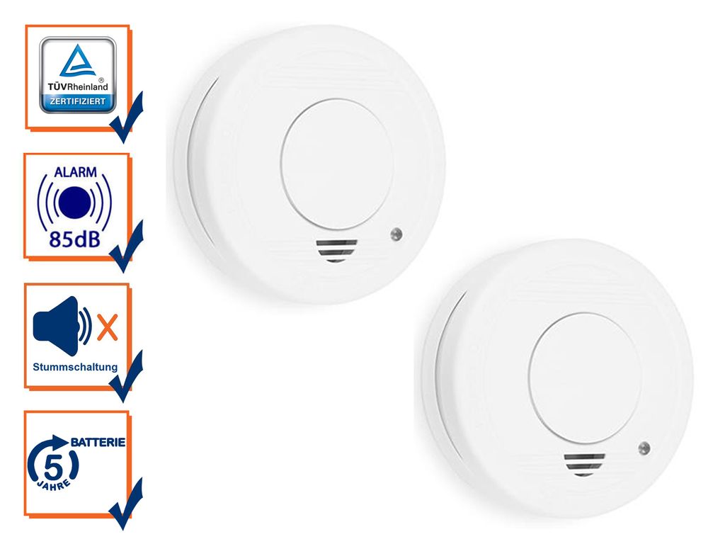 Two white smoke detectors are shown against a white background, with a series of icons and text on the left side of the image highlighting product features.