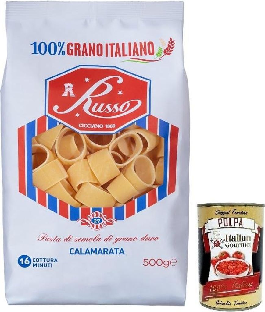 Russo Calamarata N°27 Hartweizengrieß Pasta,100% Italienischer Weizen,500g-Packung + Italian Gourmet Polpa di Pomodoro 400g Dose
