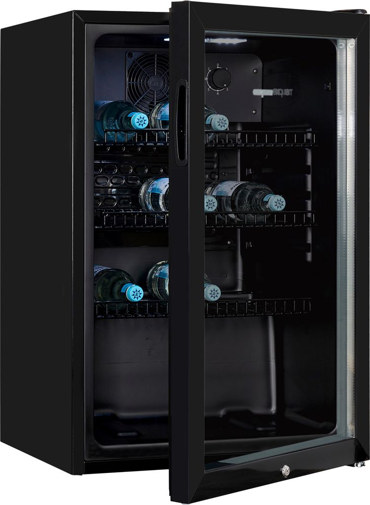 A black mini-fridge with glass doors and shelves, stocked with several bottles of water.