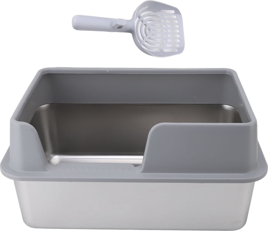 Katzentoilette Edelstahl mit Schaufel, 50x35x25cm, hohen Seitenwänden, für Katzen und Haustiere - Grau