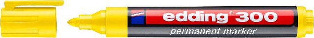 A close-up of a yellow permanent marker with its cap off, showing the brand name and model number.