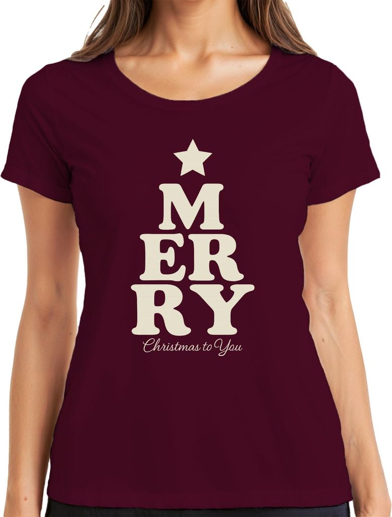 MERRY Christmas Weihnachten Weihnachtsbaum Geschenk Vintage Retro Damen T-Shirt, Burgundy, L