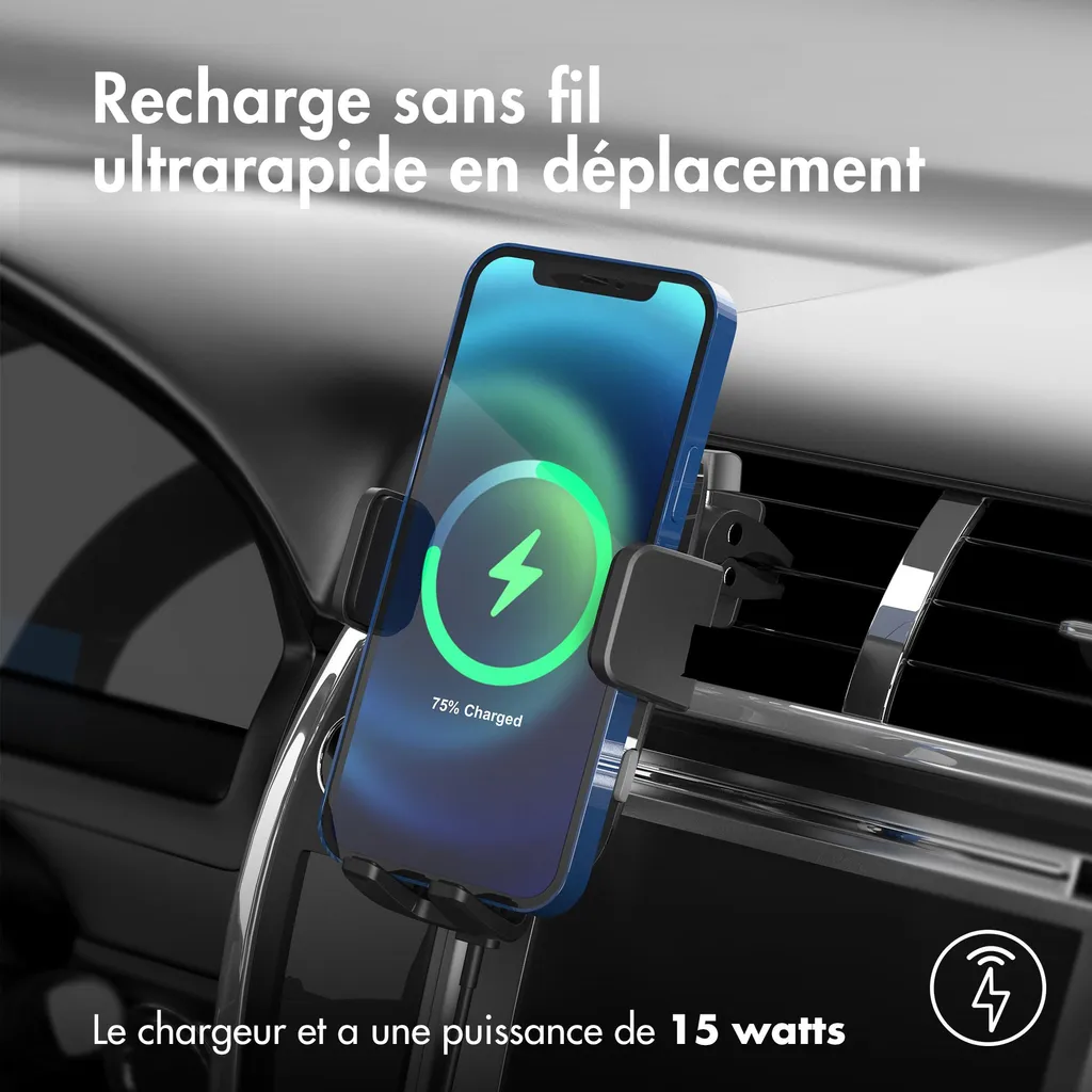 Chargeur Induction Voiture sur Grille d'Aération avec Support Noir