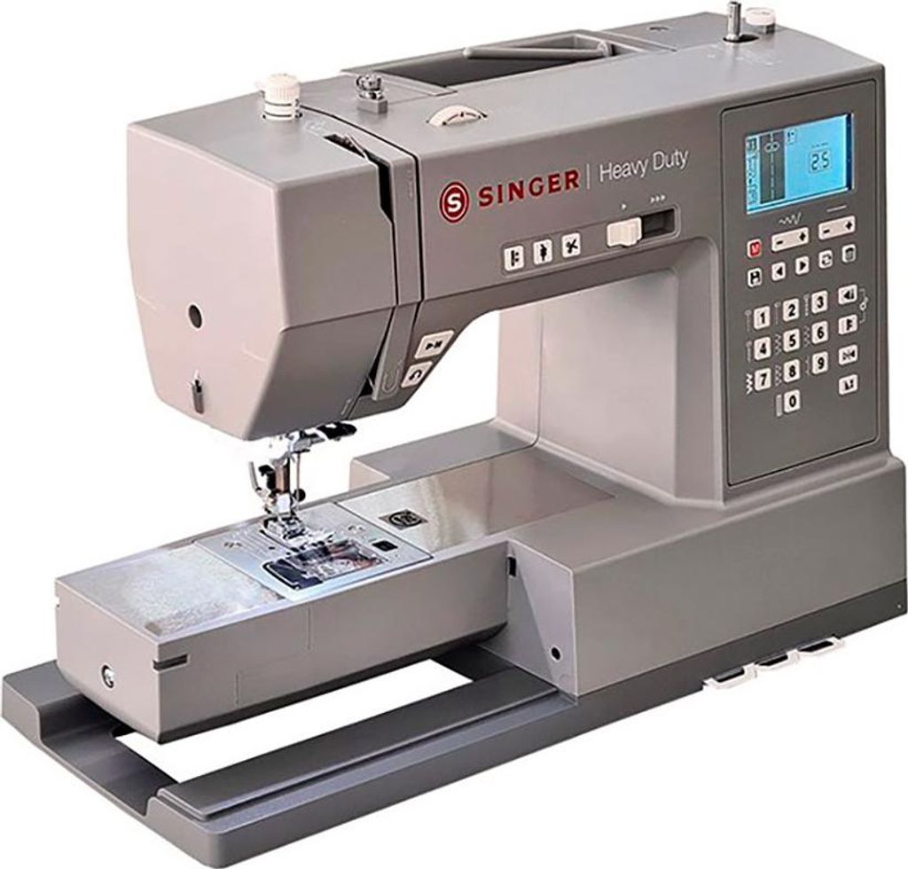 A gray SINGER Heavy Duty sewing machine is shown against a white background.