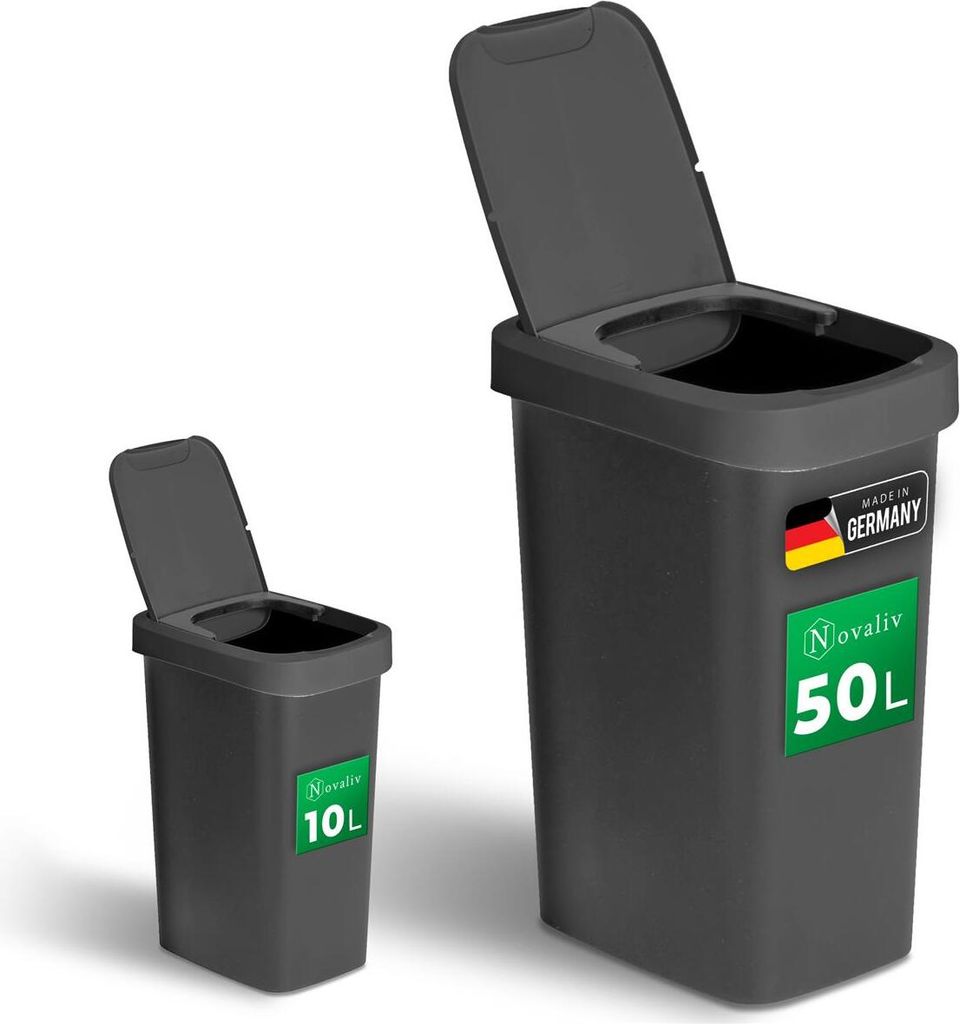 Novaliv Abfalleimer-Set 10L + 50L, Mülleimer mit 2in1 Deckel, Klappdeckel & Schwingdeckel, Anti-Geruch Mülleimer für Küche Haushalt Büro, Mül...