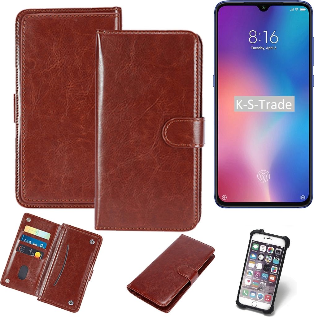 K-S-Trade 360° Hülle kompatibel mit Xiaomi Mi 9 SE braun Kunstleder Case BookCase WalletCase Kunstlederederhülle Handyhülle, Rundumschutz Bumper