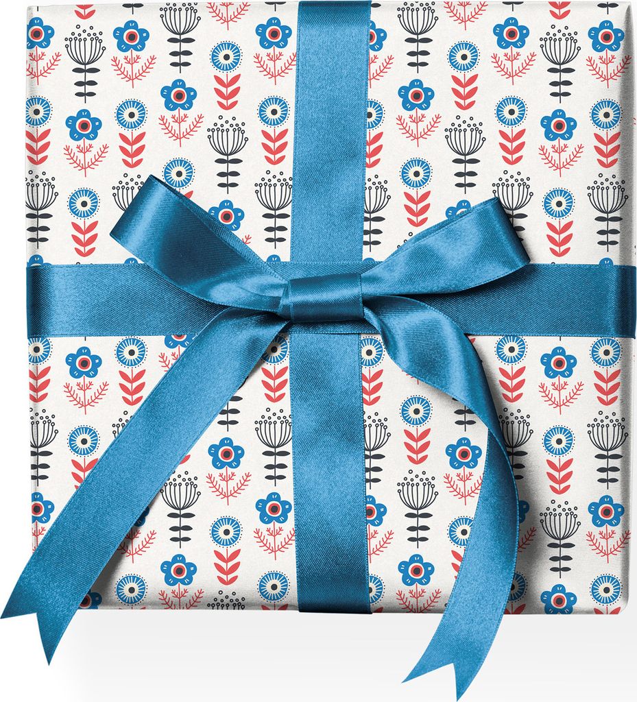 Frisches Skandinavien Geschenkpapier mit grafischen Folklore Blümchen, rot blau - G22187, 32 x 48cm