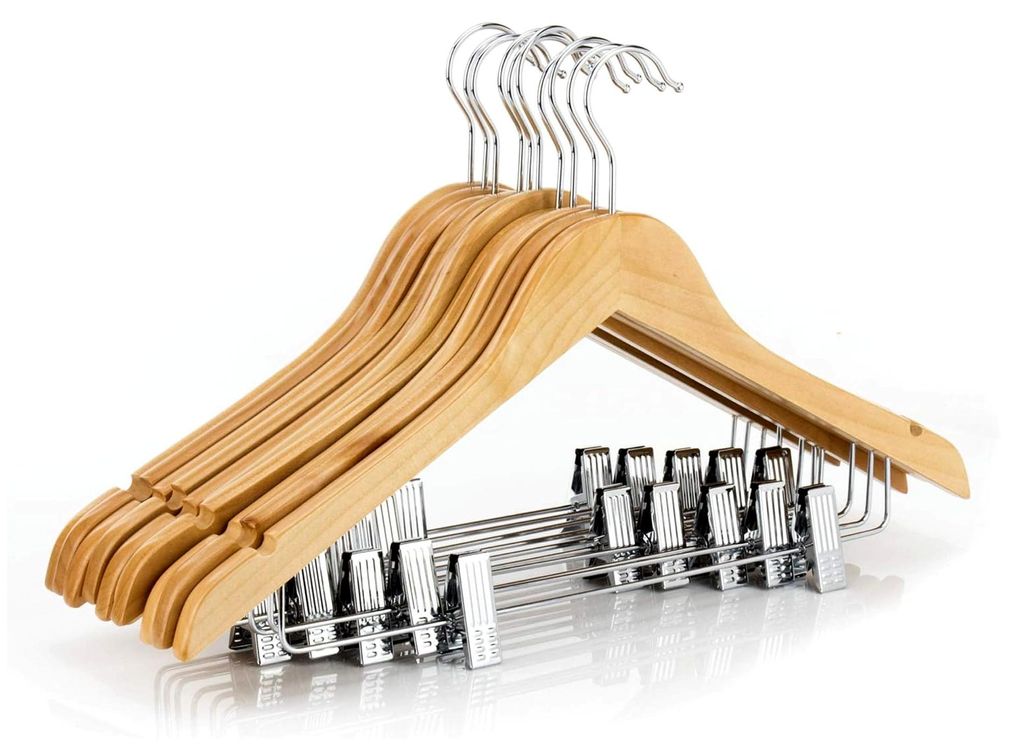 10 Holz Kleiderbügel mit Clips - Natur - 45 cm