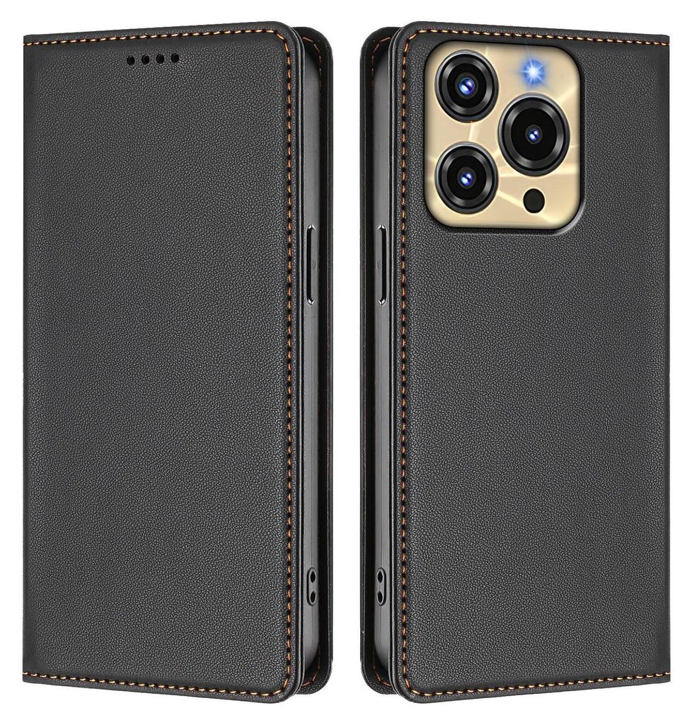 A black leather flip case for a smartphone, shown from the front and back.