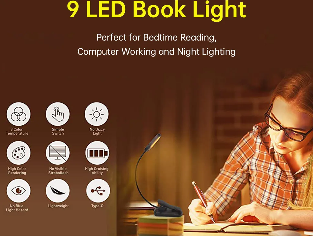 Luci di lettura per libri a letto Lampada portatile a clip a LED ricaricabile via USB Protezione degli occhi in 3 colori e 3 luminosità e collo d'oca flessibile Indicatore di alimentazione Perfetto per gli amanti dei libri bambini - 7