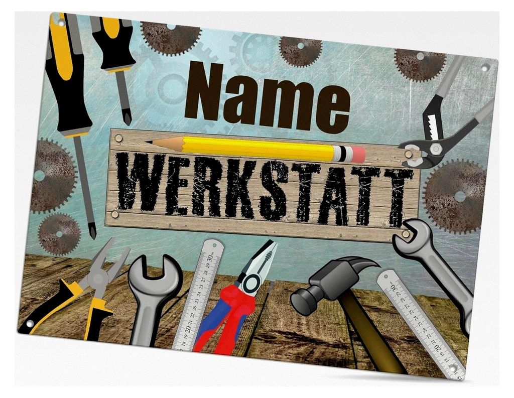 Werkstattschild individuell gestalten - Metallschild personalisiert mit Namen, Geschenk für Männer, Outdoorschild aus Aluminium | Wetterfest, 21x...