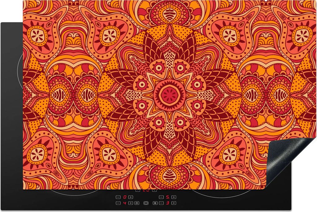KitchenYeah Herdabdeckplatte Mandala - Muster - Vintage - Orange - Rot , 81x52cm, Küche Deko, Glaskeramikfeld Herdabdeckung, Abdeckplatte fùr K...