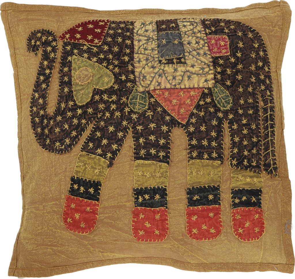 Indische Kissenhülle, Besticktes Elefanten Ethnostyle Kissen - Caramel, Braun, Baumwolle, 40*40*0,5 cm, Zierkissen, Dekokissen, Sofakissen