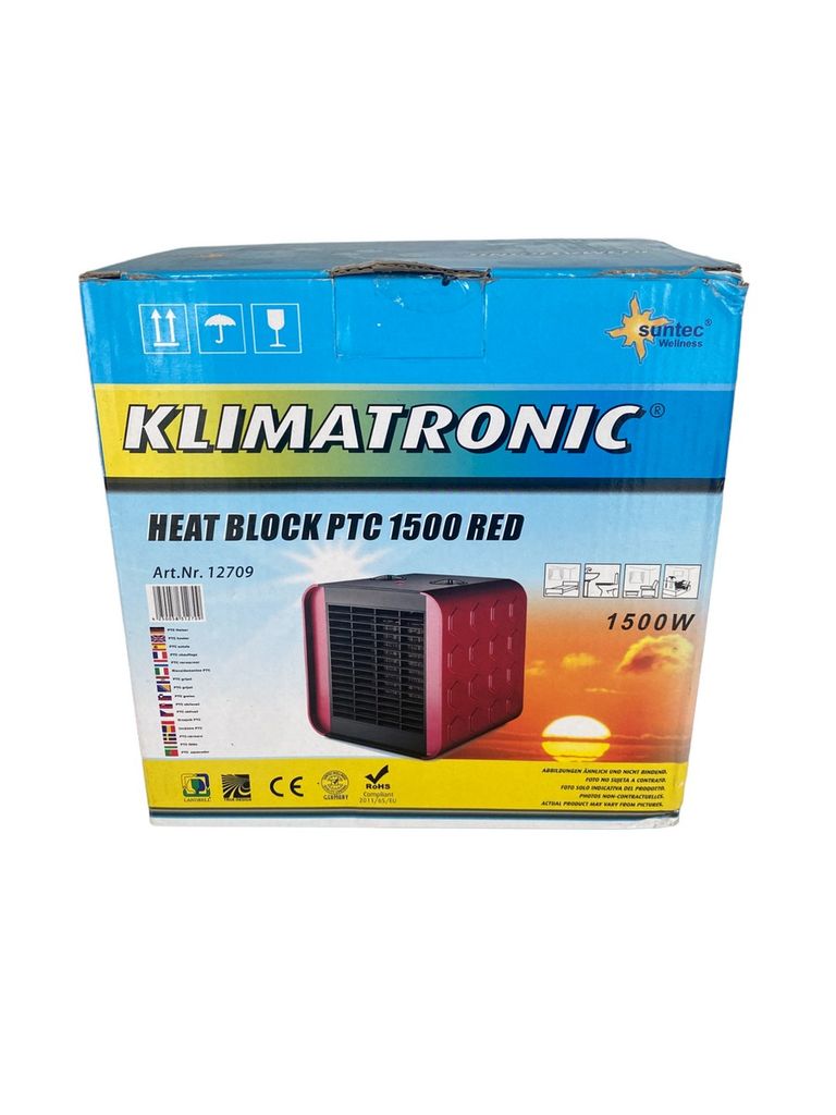 The image shows the retail packaging for a Klimatronic Heat Block PTC 1500 Red heater.
