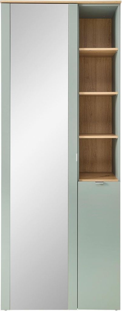 A full-length shot of a wardrobe with a mirrored door and open shelving.